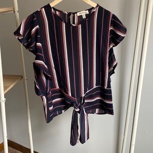 Sheer Striped Red White and Blue Short Sleeved Blouse